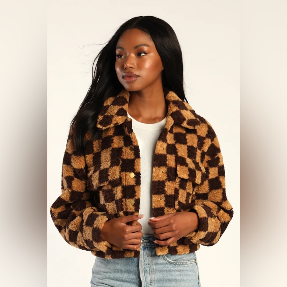 Lulus On My Checklist Tan and Brown Checkered Cropped Teddy Jacket